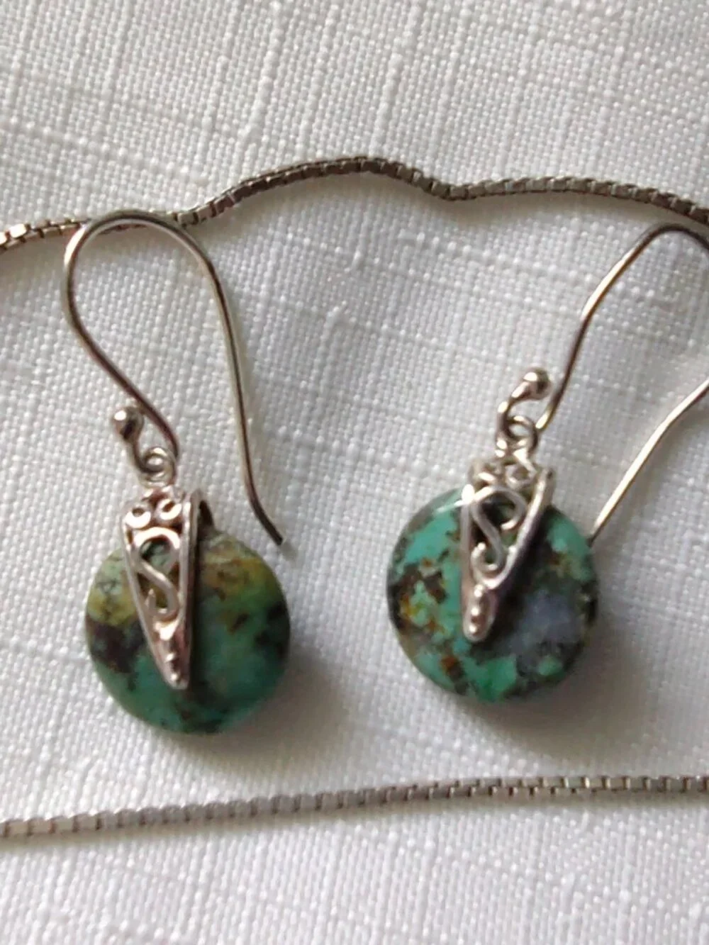 Necklace & Earrings Set Green Turquoise Stone on Sterling Silver 925